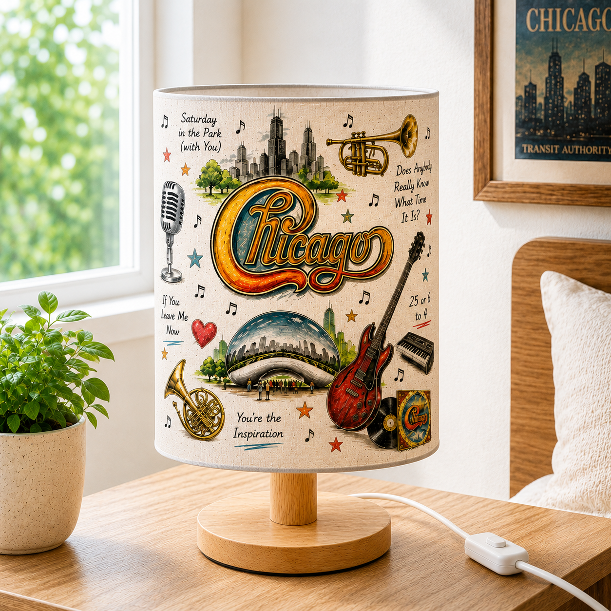 Chicago Band  Sketch Fabric Table Lamp – Classic Rock Music Decor Wooden Bedside Lamp