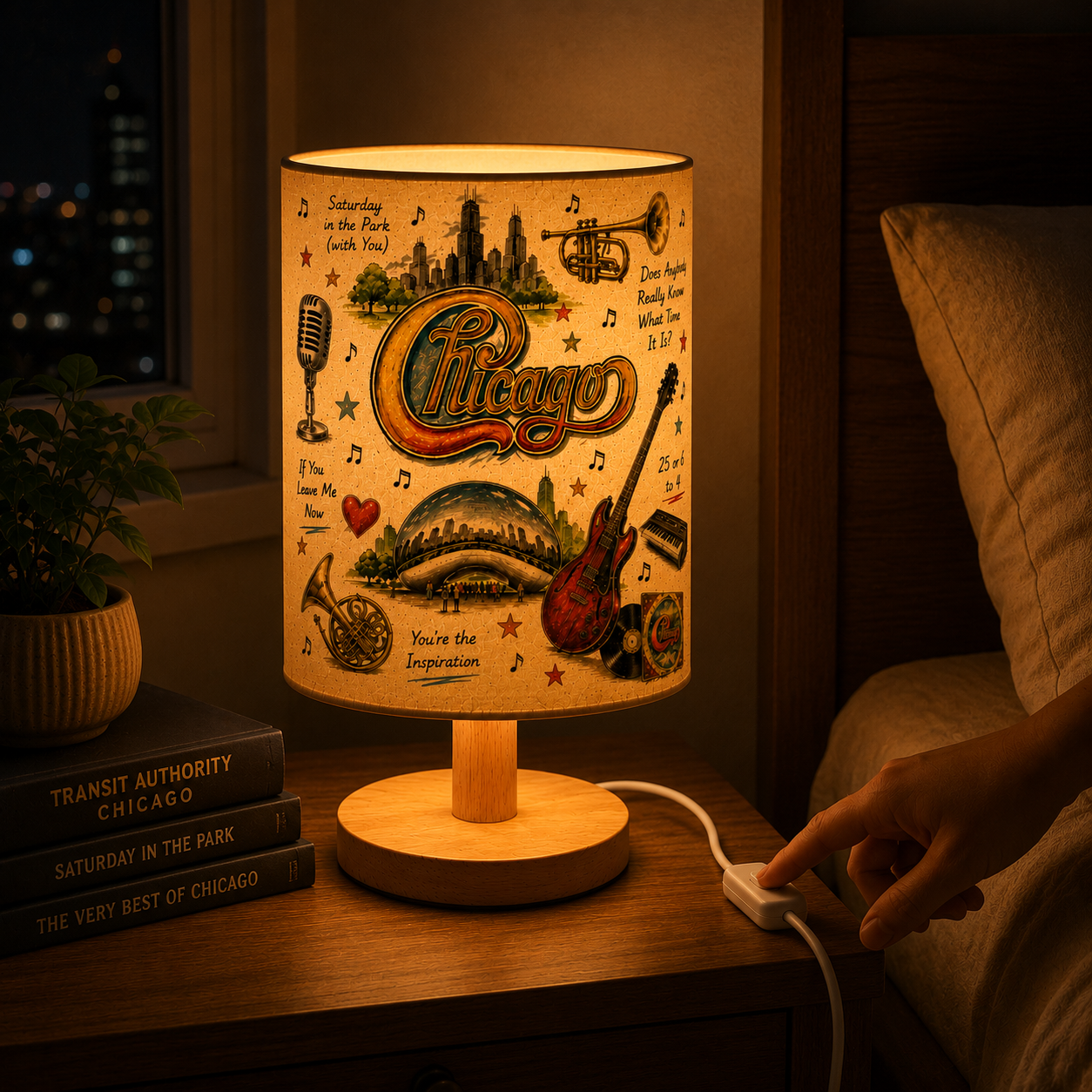 Chicago Band  Sketch Fabric Table Lamp – Classic Rock Music Decor Wooden Bedside Lamp