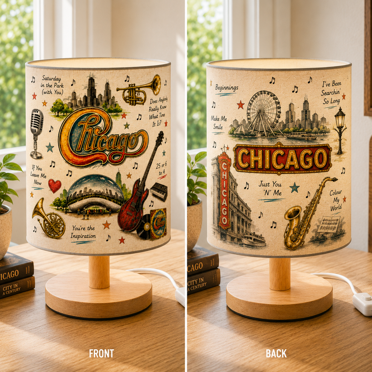Chicago Band  Sketch Fabric Table Lamp – Classic Rock Music Decor Wooden Bedside Lamp