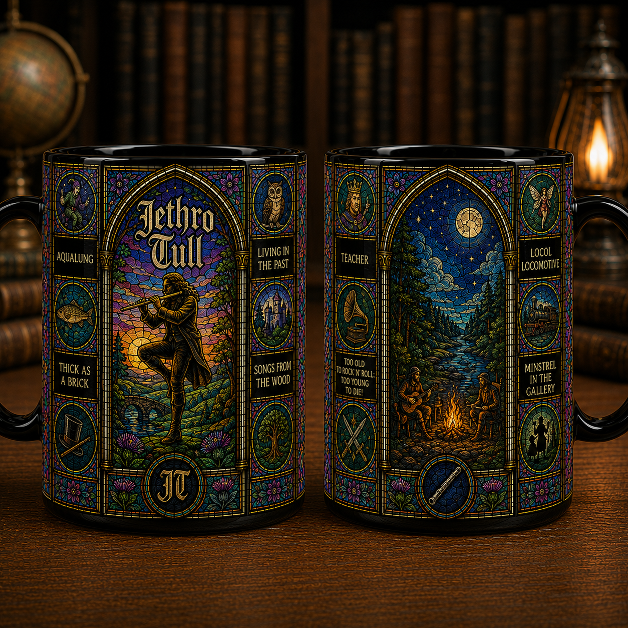 Jethro Tull Stained Glass Black Ceramic Mug – Aqualung Progressive Rock Coffee Mug, Colorful Music Lover Gift, Jethro Tull Inspired Artwork