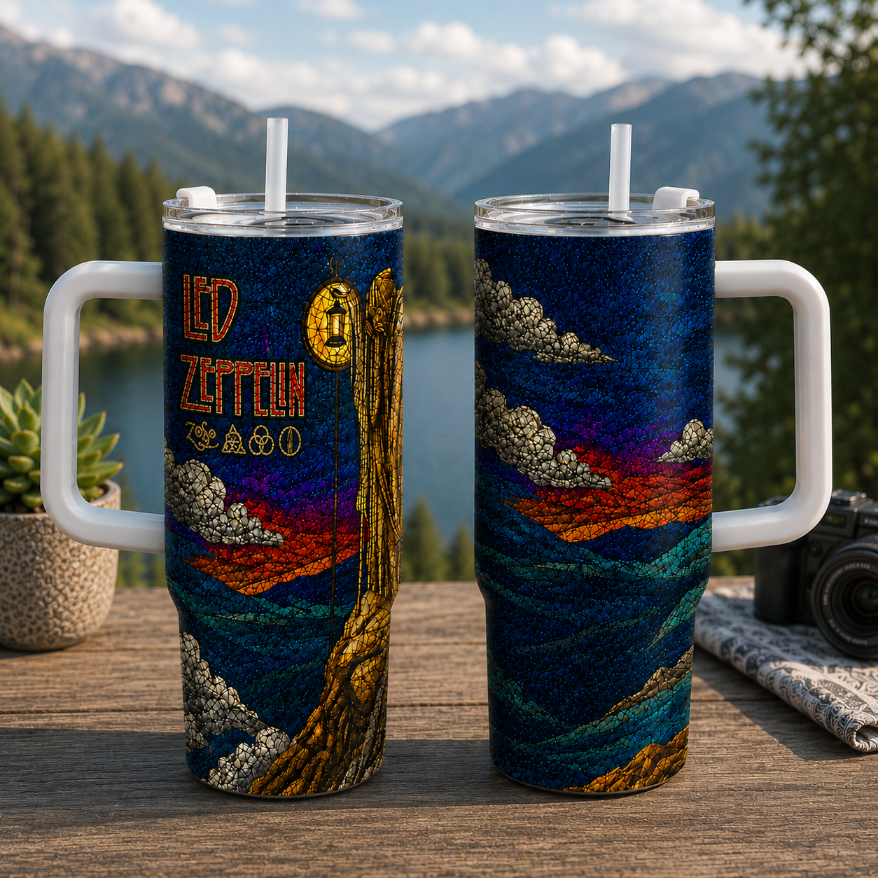 Led Zeppelin Stained Glass 20oz & 40oz Skinny Tumbler - Rock Band Stainless Steel Travel Tumbler with Lid for Led Zeppelin Fans