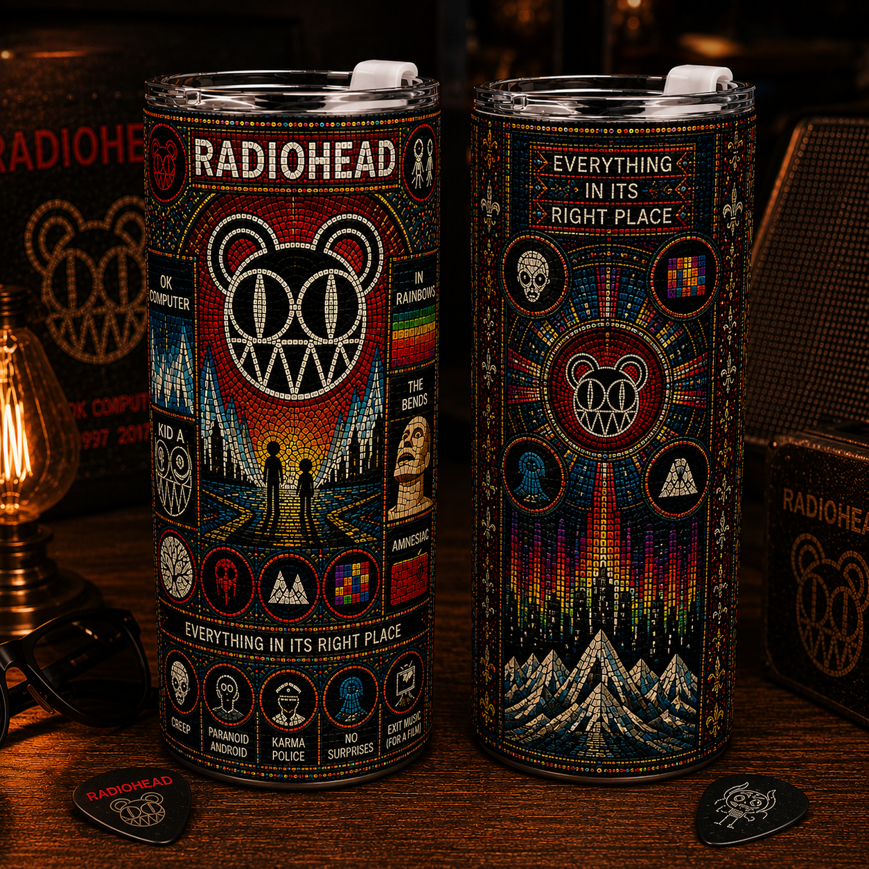Radiohead Stained Glass 20oz 40ozTumbler - OK Computer Inspired Stainless Steel Travel Tumbler with Lid for Radiohead Fans