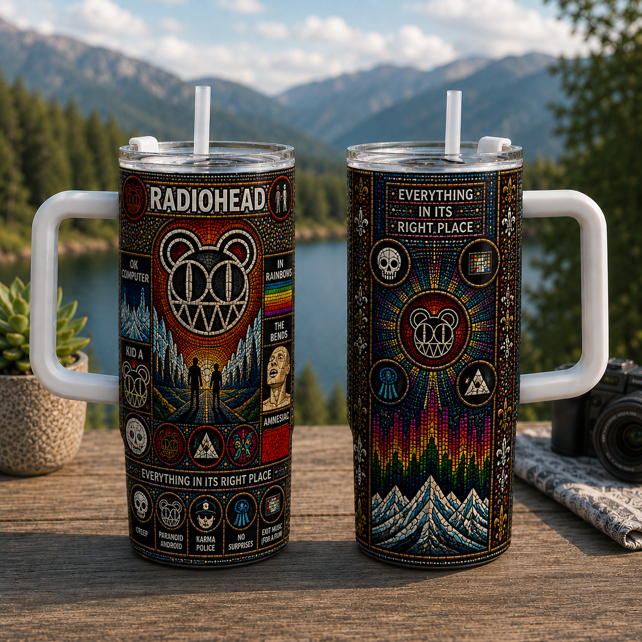 Radiohead Stained Glass 20oz 40ozTumbler - OK Computer Inspired Stainless Steel Travel Tumbler with Lid for Radiohead Fans