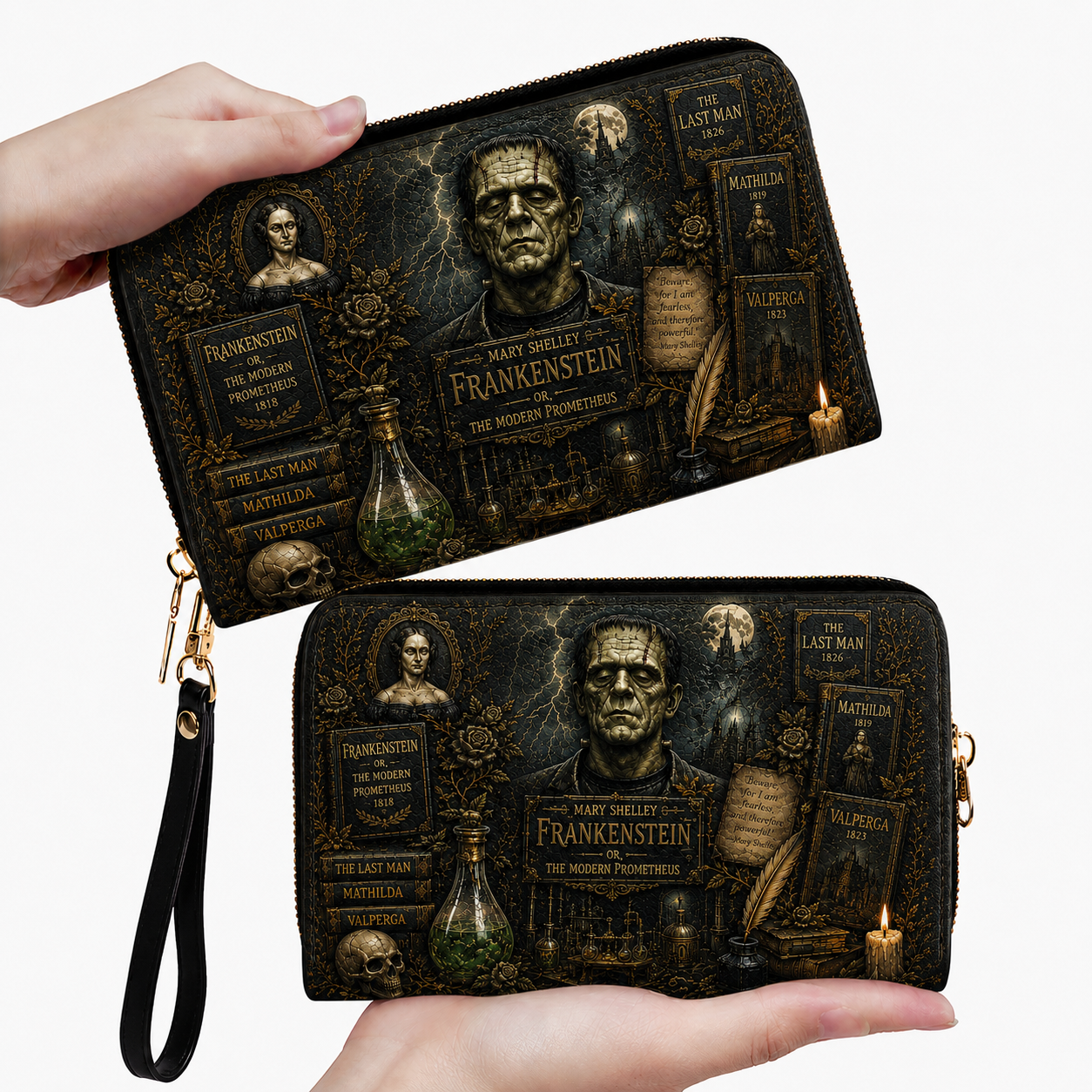 Mary Shelley Frankenstein Leather Handbag, Tote Bag and Wallet Set, The Modern Prometheus Literary Horror Book Lover Handbag