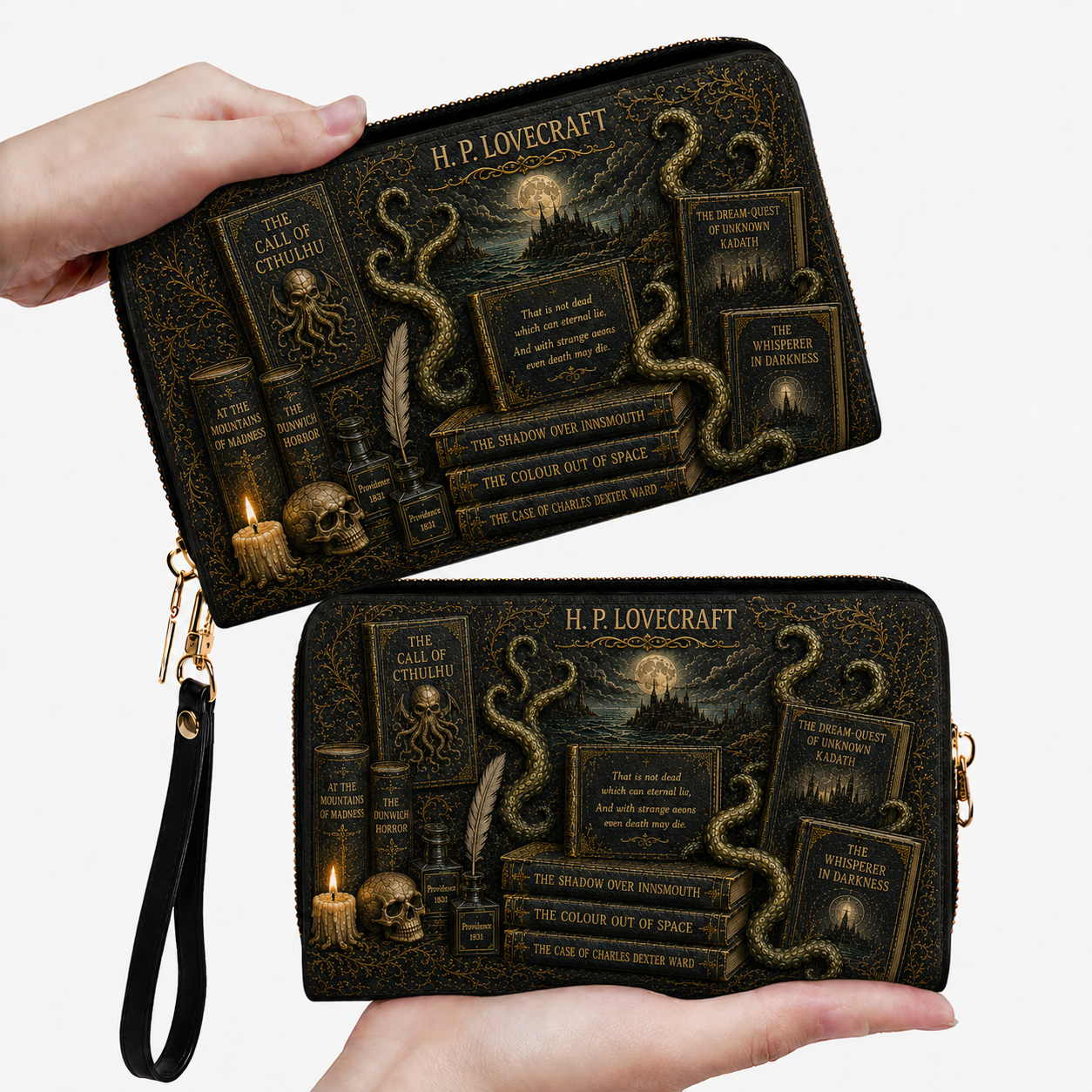H.P. Lovecraft Cthulhu Gothic Tote Bag – Cosmic Horror Book Lover Handbag, Dark Academia Zippered Shoulder Bag, Lovecraft Literary Gift