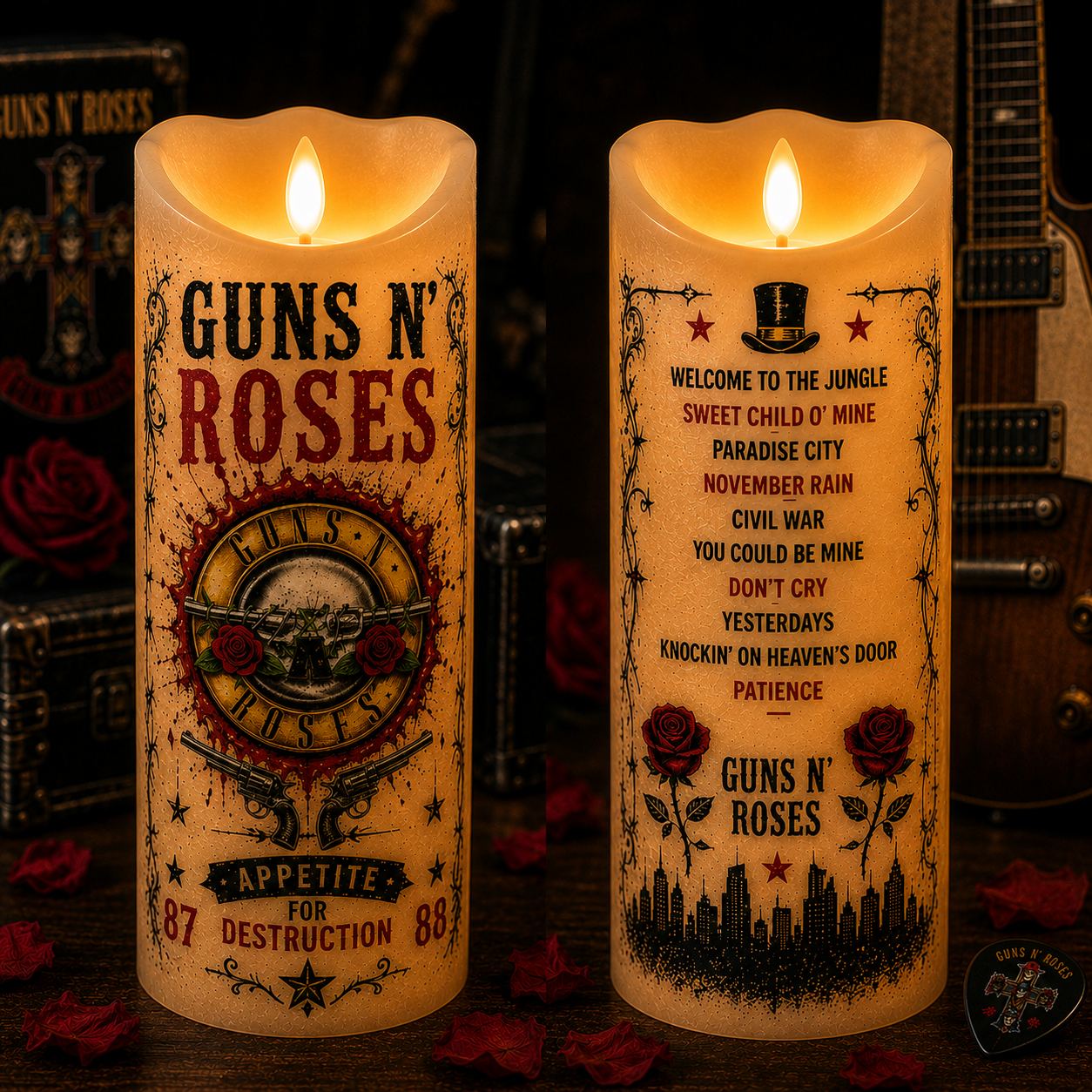 Guns N' Roses Flameless LED Candle – Appetite for Destruction Music Candle, Classic Rock Home Decor, Guns N' Roses Fan Gift, LED Flickering Candle
