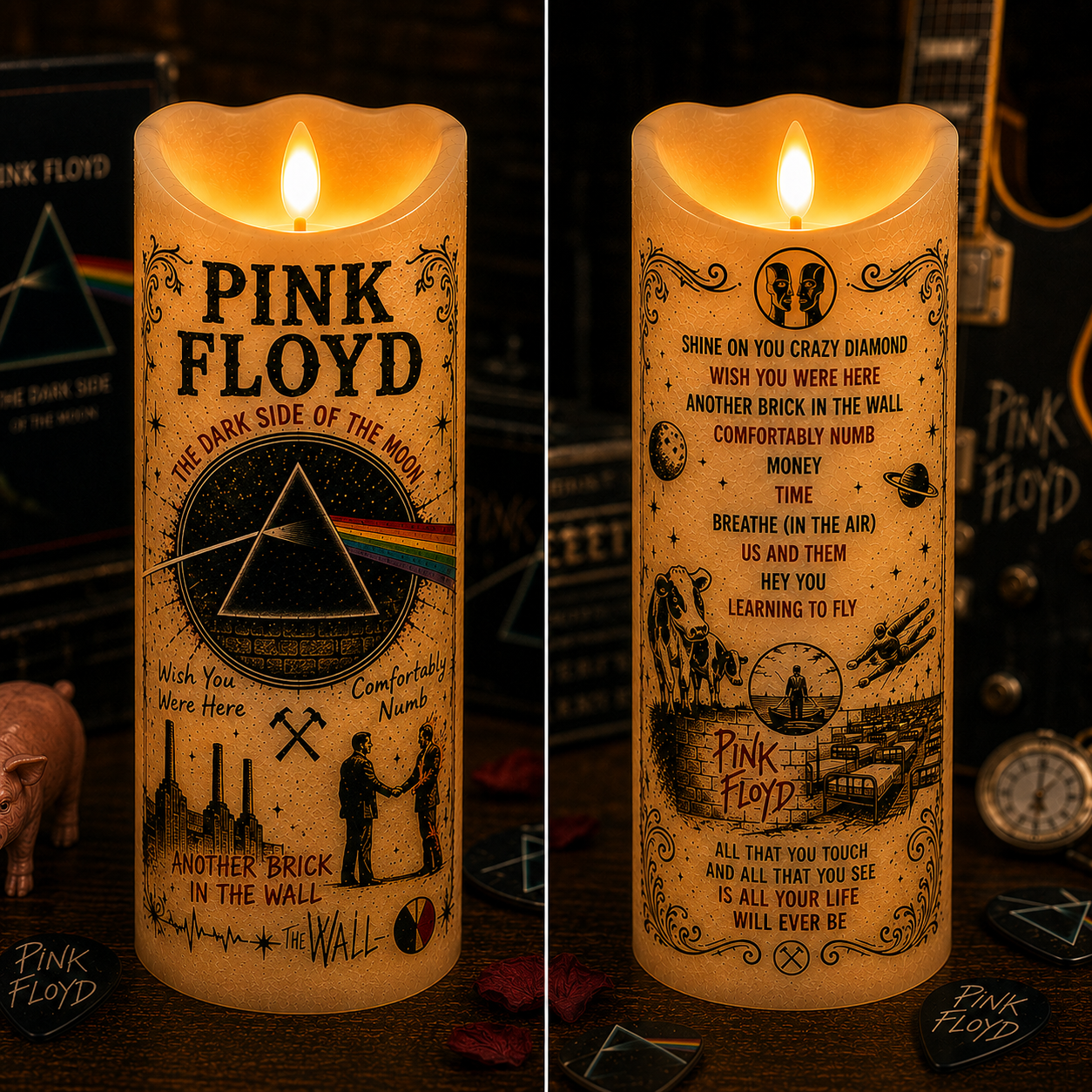 Pink Floyd Flameless LED Candle – Dark Side of the Moon Music Candle, Classic Rock LED Decor, Pink Floyd Fan Gift, Psychedelic Home Accent