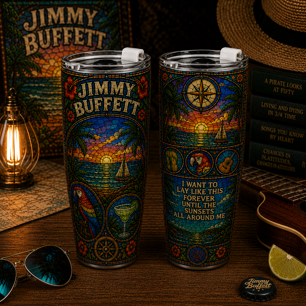 Jimmy Buffett 20oz & 40oz Stained Glass Stainless Steel Tumbler - Tropical Sunset Travel Mug - Double Wall Vacuum Insulated Cup