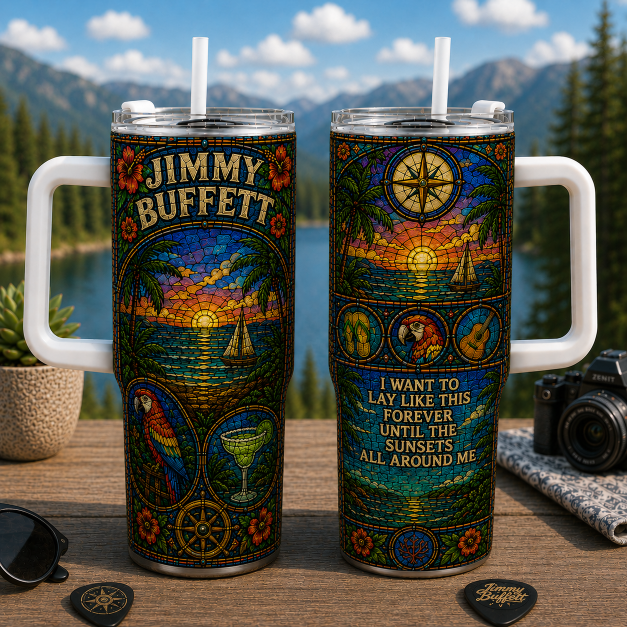 Jimmy Buffett 20oz & 40oz Stained Glass Stainless Steel Tumbler - Tropical Sunset Travel Mug - Double Wall Vacuum Insulated Cup