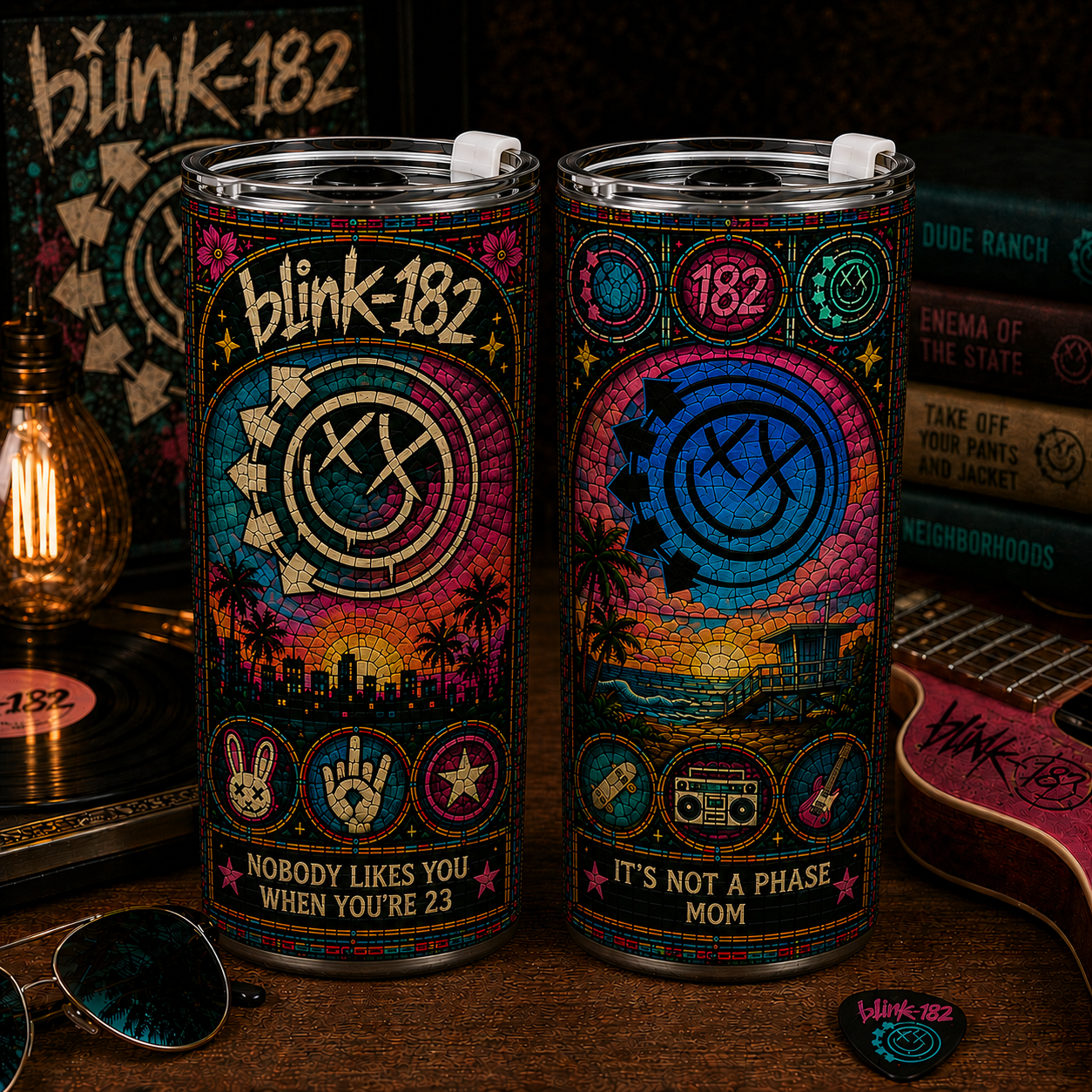 Blink-182 20oz & 40oz Stained Glass Stainless Steel Tumbler - Classic Rock Travel Mug With Lid and Straw