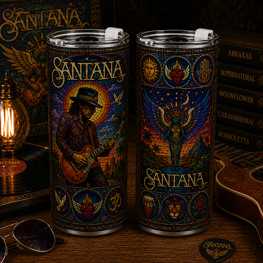 Santana 20oz & 40oz Stained Glass Stainless Steel Tumbler - Latin Rock Travel Mug With Lid and Straw
