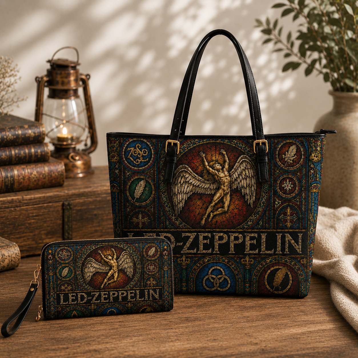 Led Zeppelin Leather Handbag, Leather Tote Bag, Leather Wallet Set - Stained Glass Led Zeppelin Band Fan Gift, Luxury Rock Music Accessories
