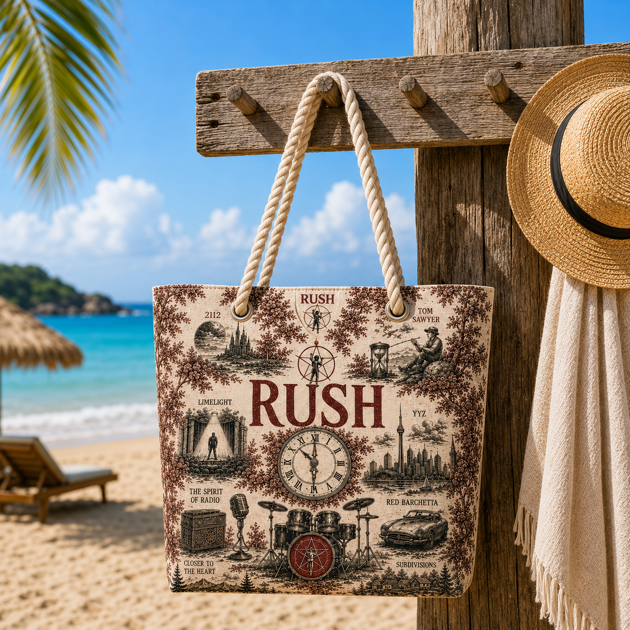 Rush Band Beach Tote Bag – Retro Tropical Canvas Shoulder Bag With Rope Handle