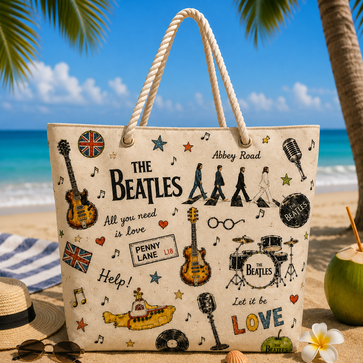 The Beatles Band Beach Tote Bag – Retro Tropical Canvas Shoulder Bag With Rope Handle