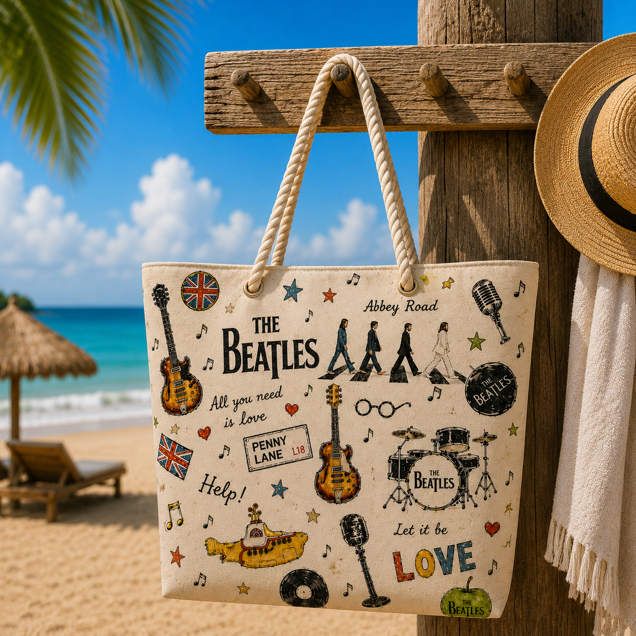 The Beatles Band Beach Tote Bag – Retro Tropical Canvas Shoulder Bag With Rope Handle