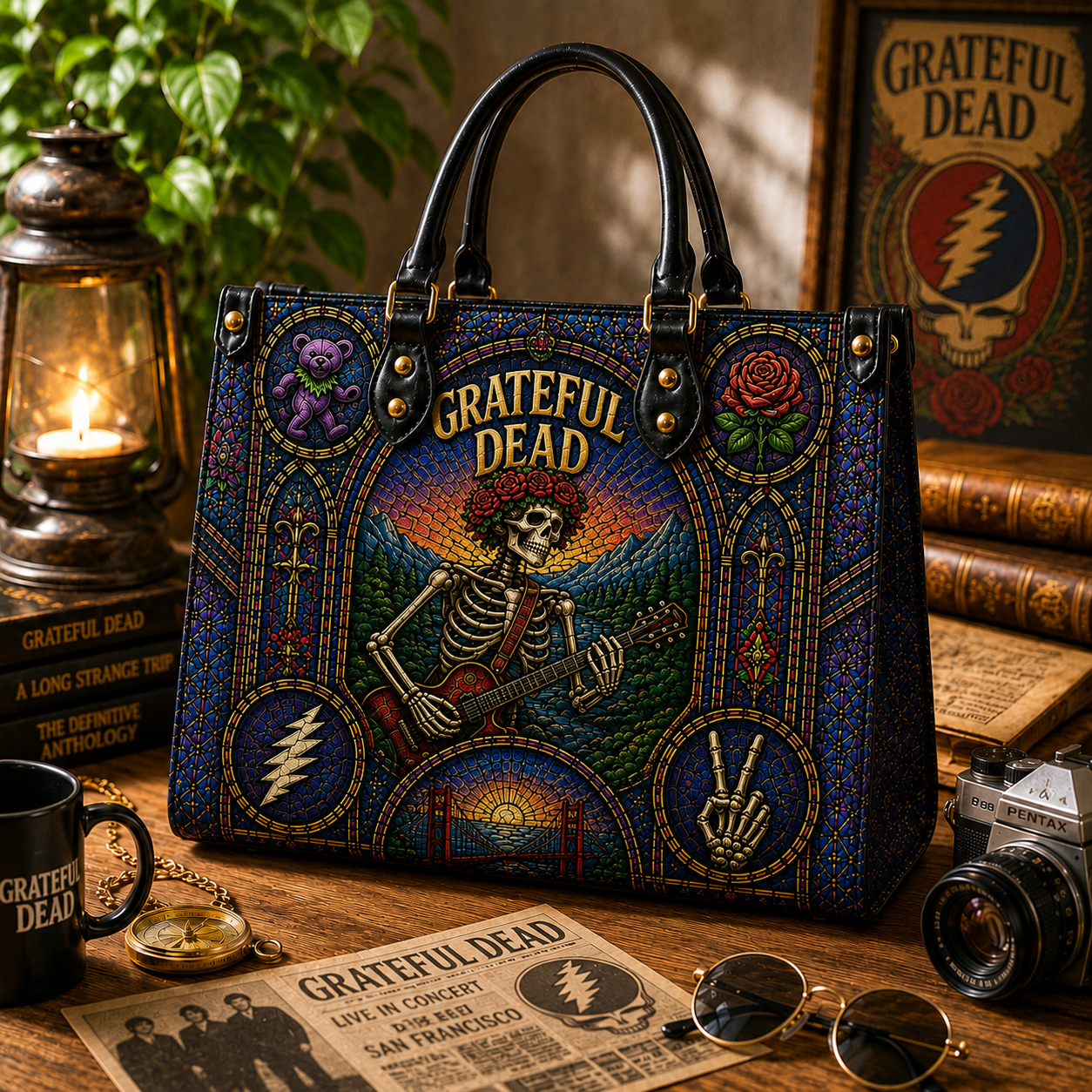 Grateful Dead Leather Handbag, Leather Tote Bag, Leather Wallet Set - Stained Glass Grateful Dead Band Fan Gift, Luxury Rock Music Accessories