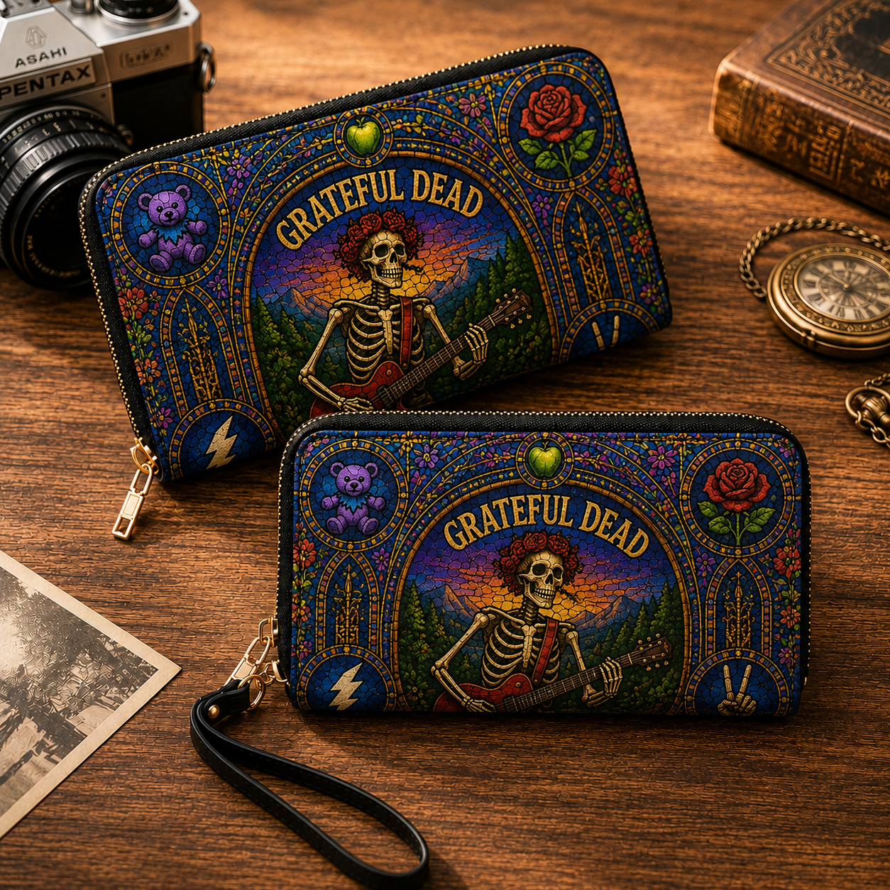 Grateful Dead Leather Handbag, Leather Tote Bag, Leather Wallet Set - Stained Glass Grateful Dead Band Fan Gift, Luxury Rock Music Accessories