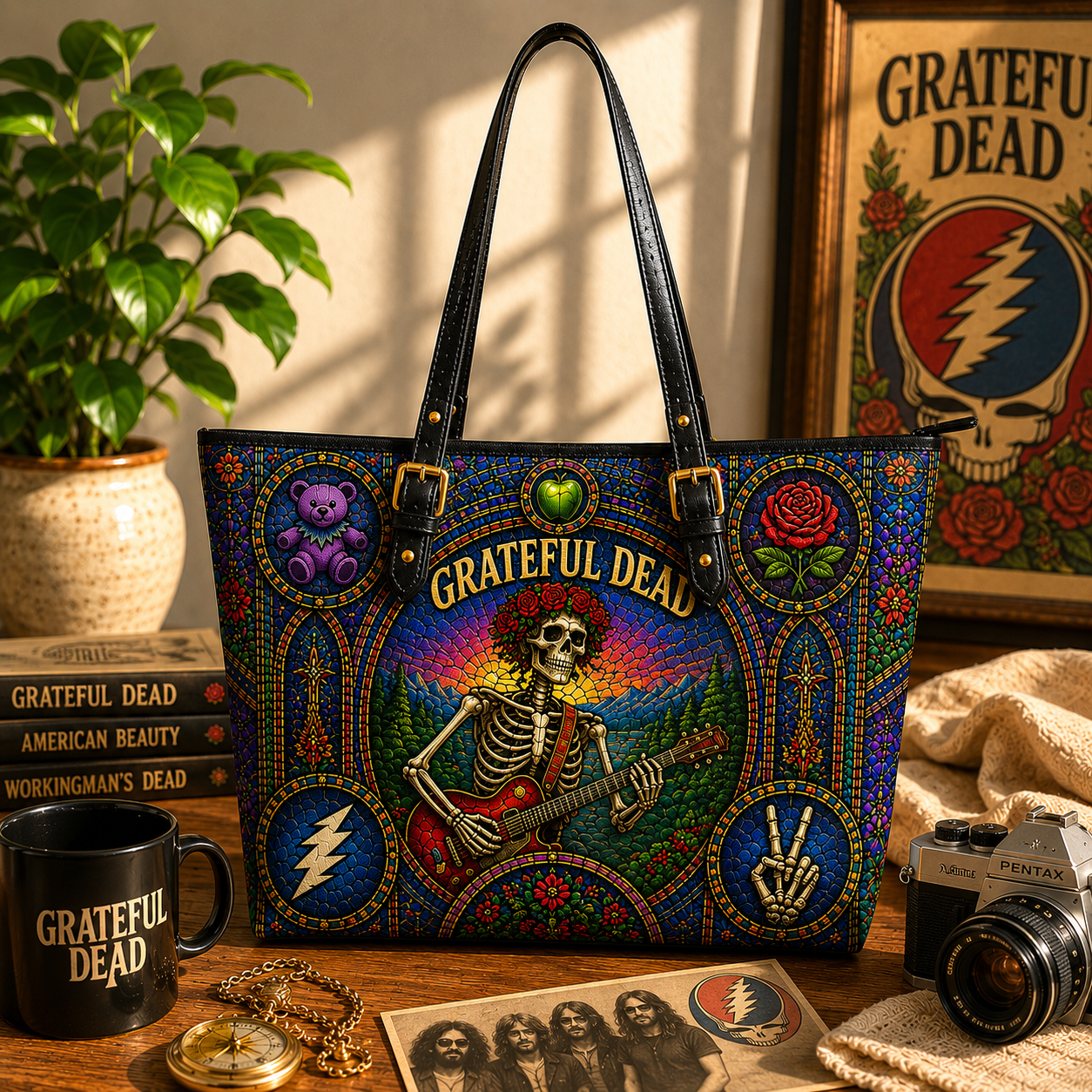 Grateful Dead Leather Handbag, Leather Tote Bag, Leather Wallet Set - Stained Glass Grateful Dead Band Fan Gift, Luxury Rock Music Accessories