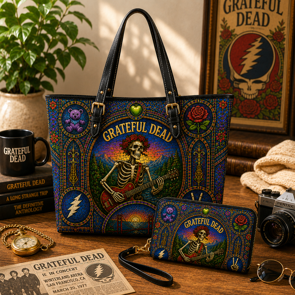 Grateful Dead Leather Handbag, Leather Tote Bag, Leather Wallet Set - Stained Glass Grateful Dead Band Fan Gift, Luxury Rock Music Accessories