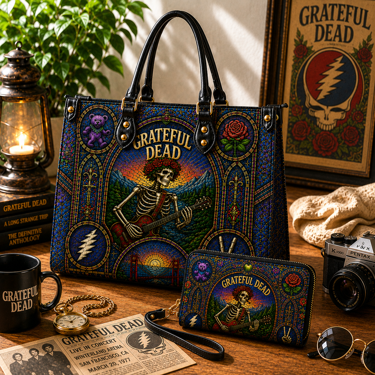 Grateful Dead Leather Handbag, Leather Tote Bag, Leather Wallet Set - Stained Glass Grateful Dead Band Fan Gift, Luxury Rock Music Accessories