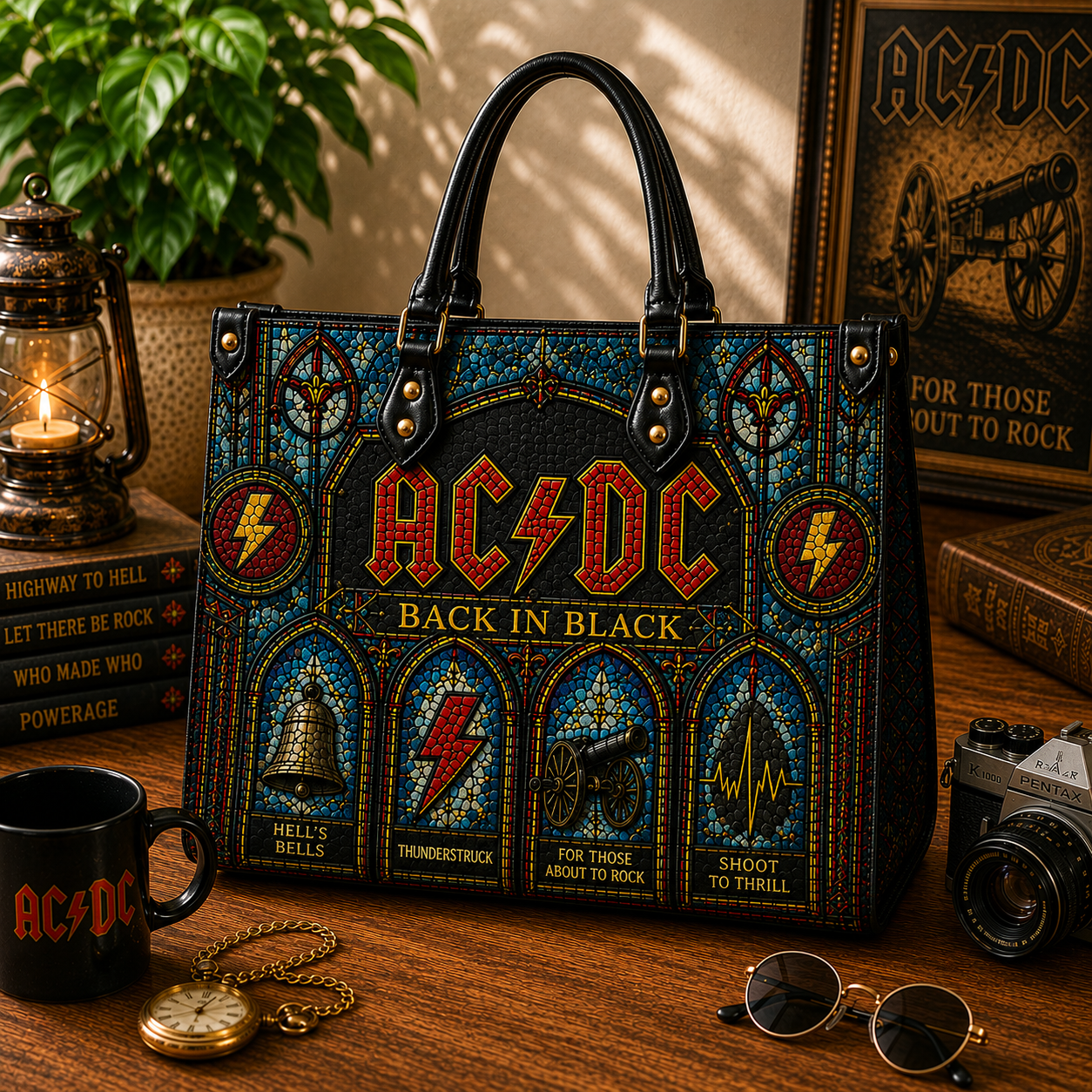 AC/DC Leather Handbag, Leather Tote Bag, Leather Wallet Set - Stained Glass AC/DC Band Fan Gift, Luxury Rock Music Accessories