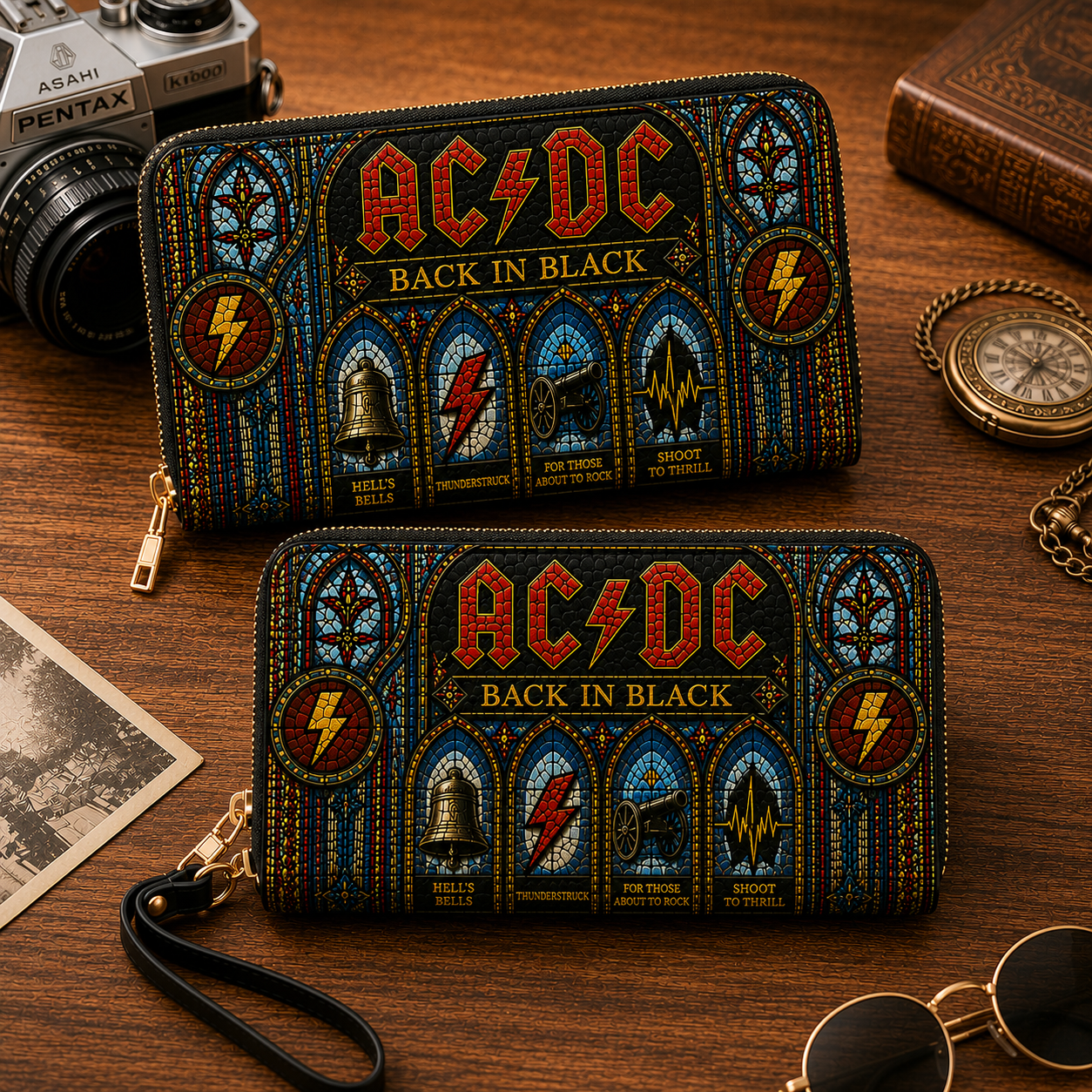 AC/DC Leather Handbag, Leather Tote Bag, Leather Wallet Set - Stained Glass AC/DC Band Fan Gift, Luxury Rock Music Accessories