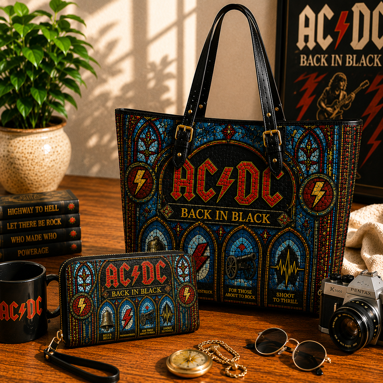 AC/DC Leather Handbag, Leather Tote Bag, Leather Wallet Set - Stained Glass AC/DC Band Fan Gift, Luxury Rock Music Accessories