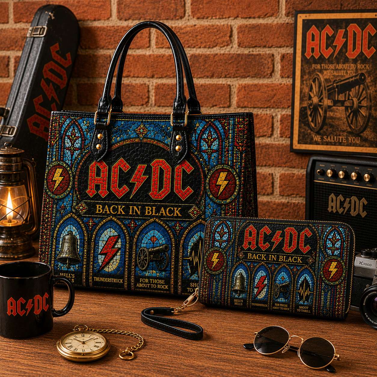 AC/DC Leather Handbag, Leather Tote Bag, Leather Wallet Set - Stained Glass AC/DC Band Fan Gift, Luxury Rock Music Accessories