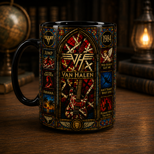 Van Halen Stained Glass Mug – 1984 Rock Music Inspired Guitar Coffee Cup