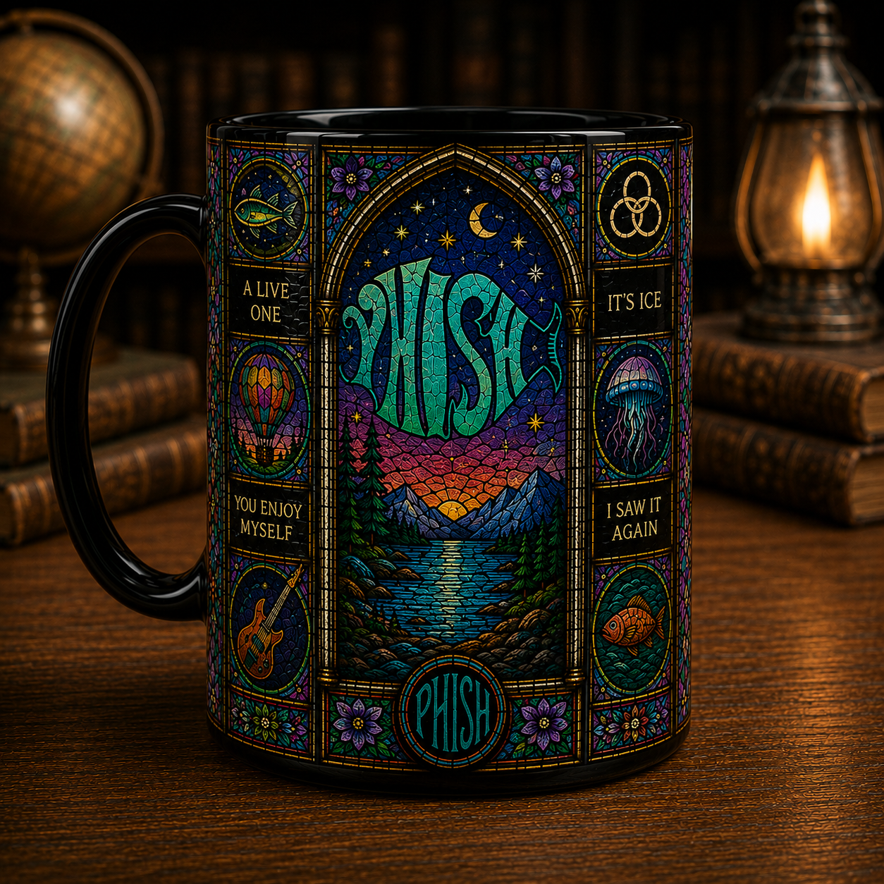 Phish Stained Glass Mug, Psychedelic Jam Band Coffee Cup, Mountain Landscape Music Fan Gift