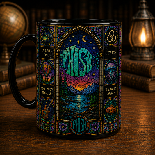 Phish Stained Glass Mug, Psychedelic Jam Band Coffee Cup, Mountain Landscape Music Fan Gift