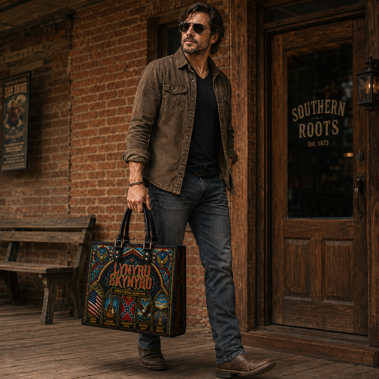 Lynyrd Skynyrd Leather Handbag, Leather Tote Bag, Leather Wallet Set - Stained Glass Lynyrd Skynyrd Band Fan Gift, Luxury Rock Music Accessories
