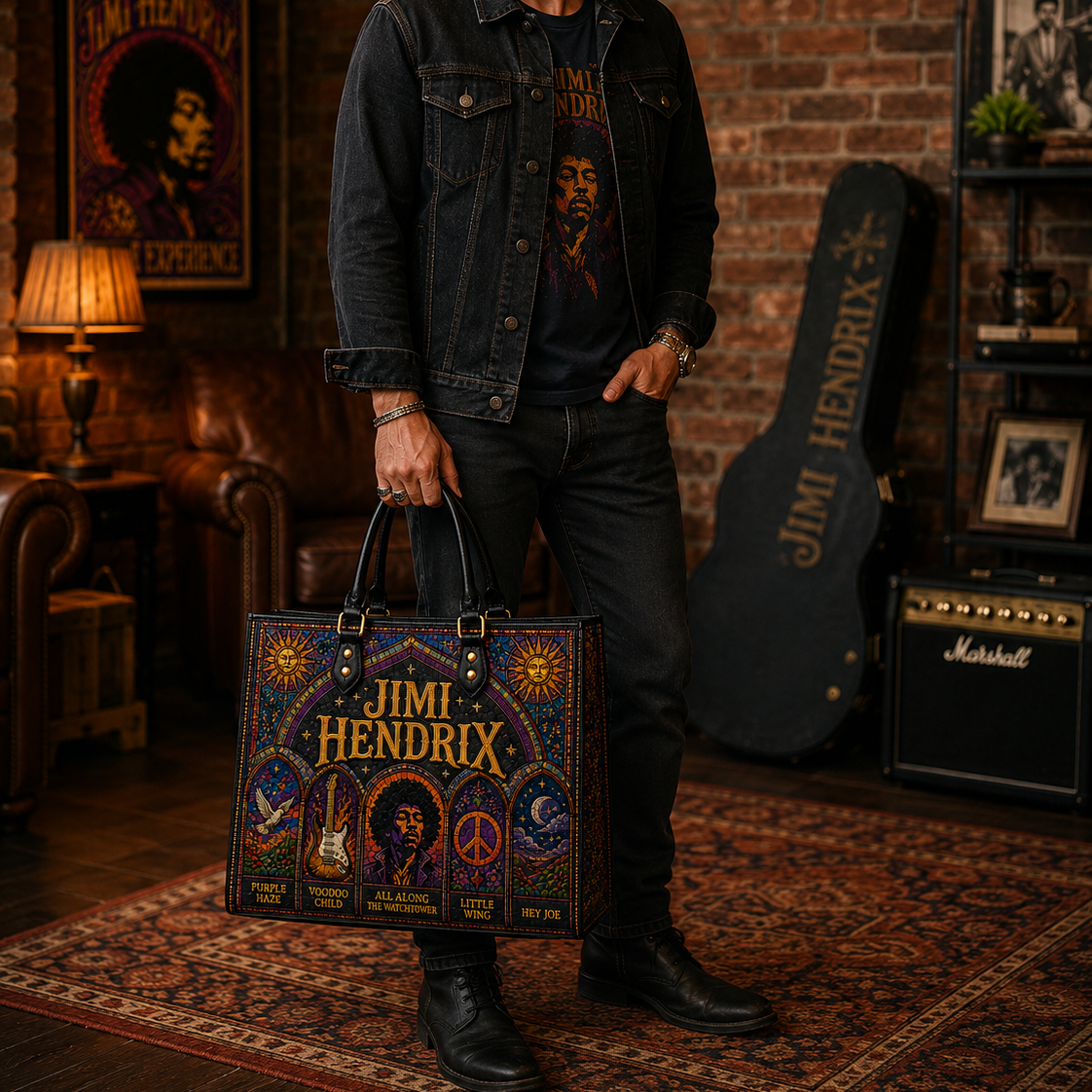 Jimi Hendrix Leather Handbag, Leather Tote Bag, Leather Wallet Set - Stained Glass Jimi Hendrix Band Fan Gift, Luxury Rock Music Accessories