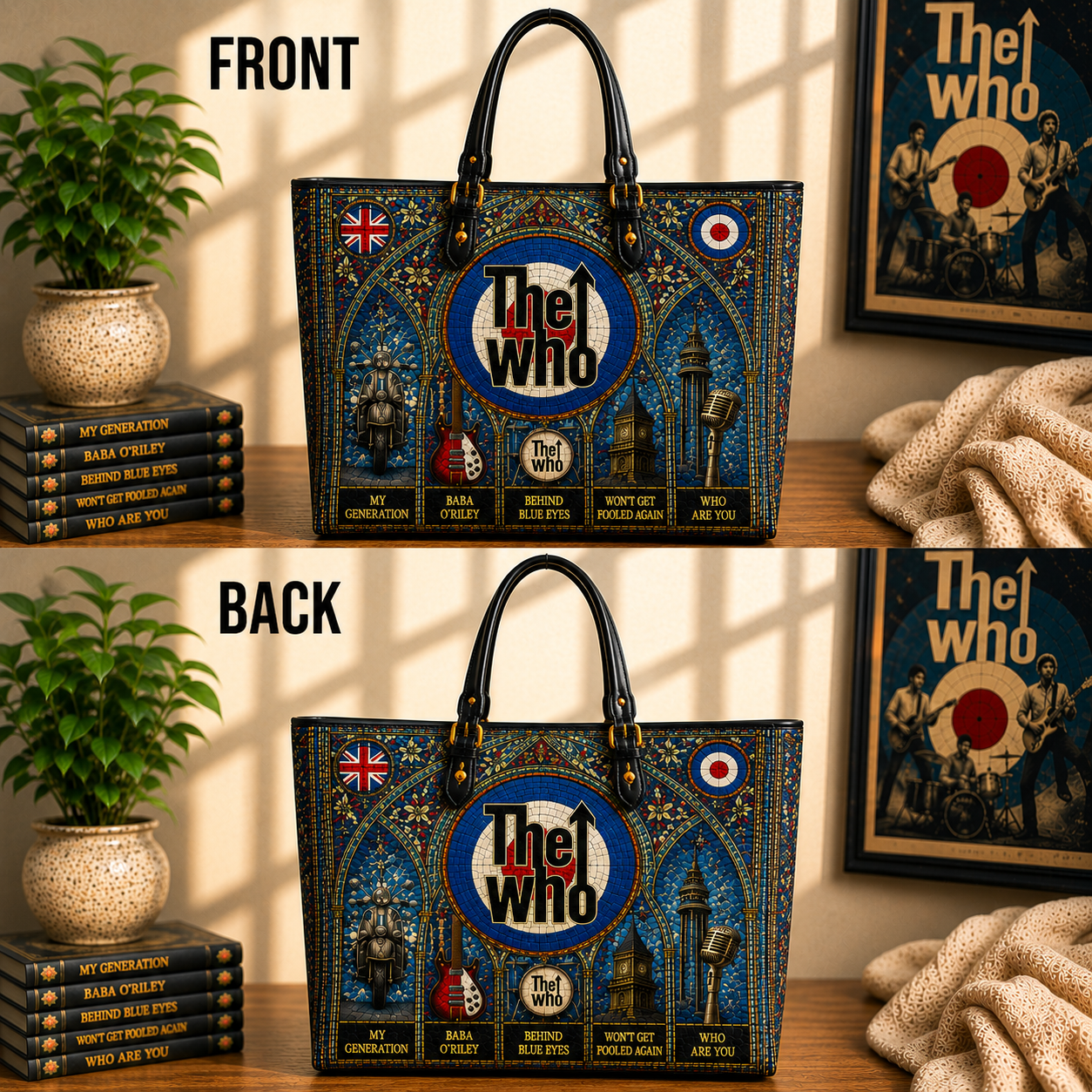 The Who Leather Handbag, Leather Tote Bag, Leather Wallet Set - Stained Glass The Who Band Fan Gift, Luxury Rock Music Accessories