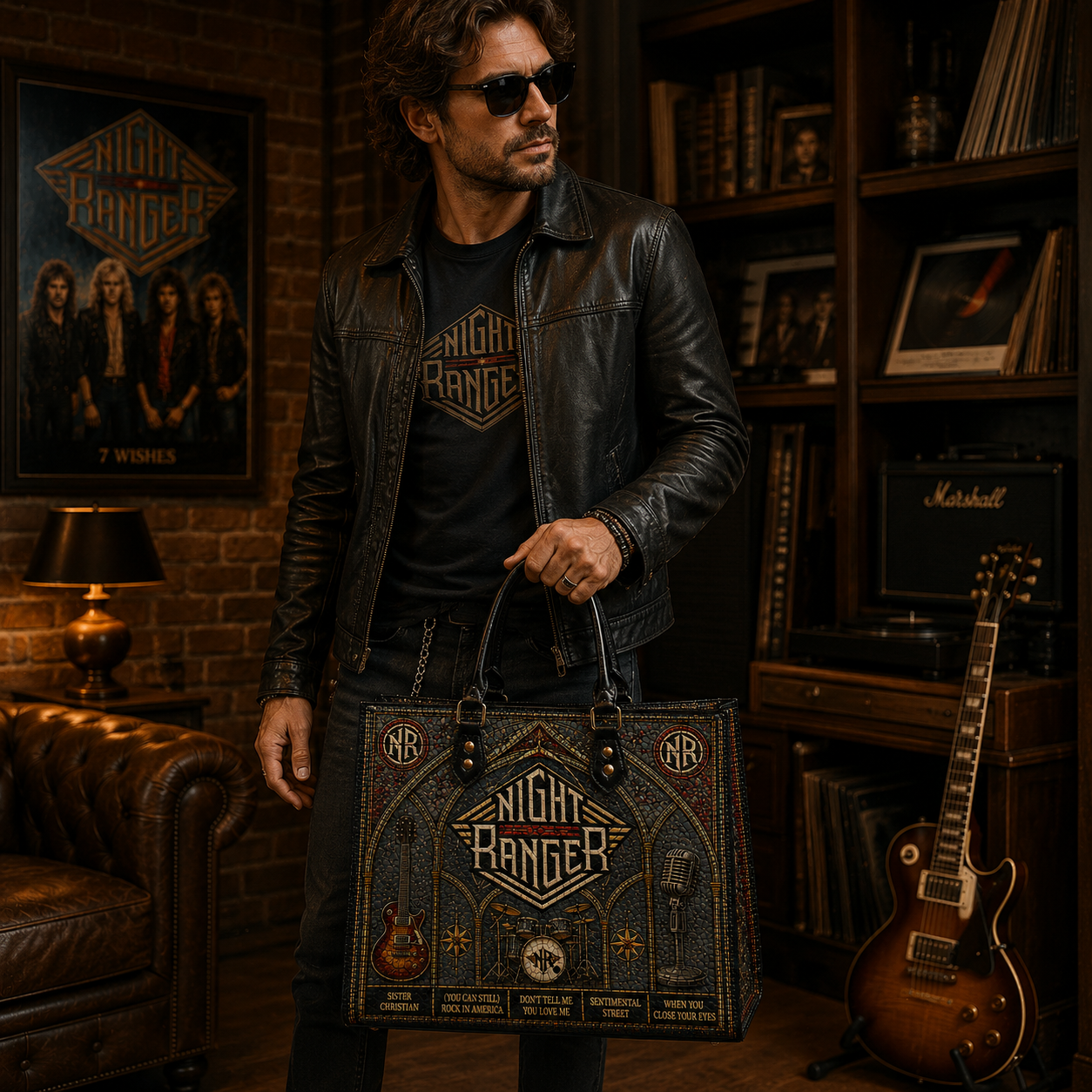 Night Ranger Leather Handbag, Leather Tote Bag, Leather Wallet Set - Stained Glass The Who Band Fan Gift, Luxury Rock Music Accessories