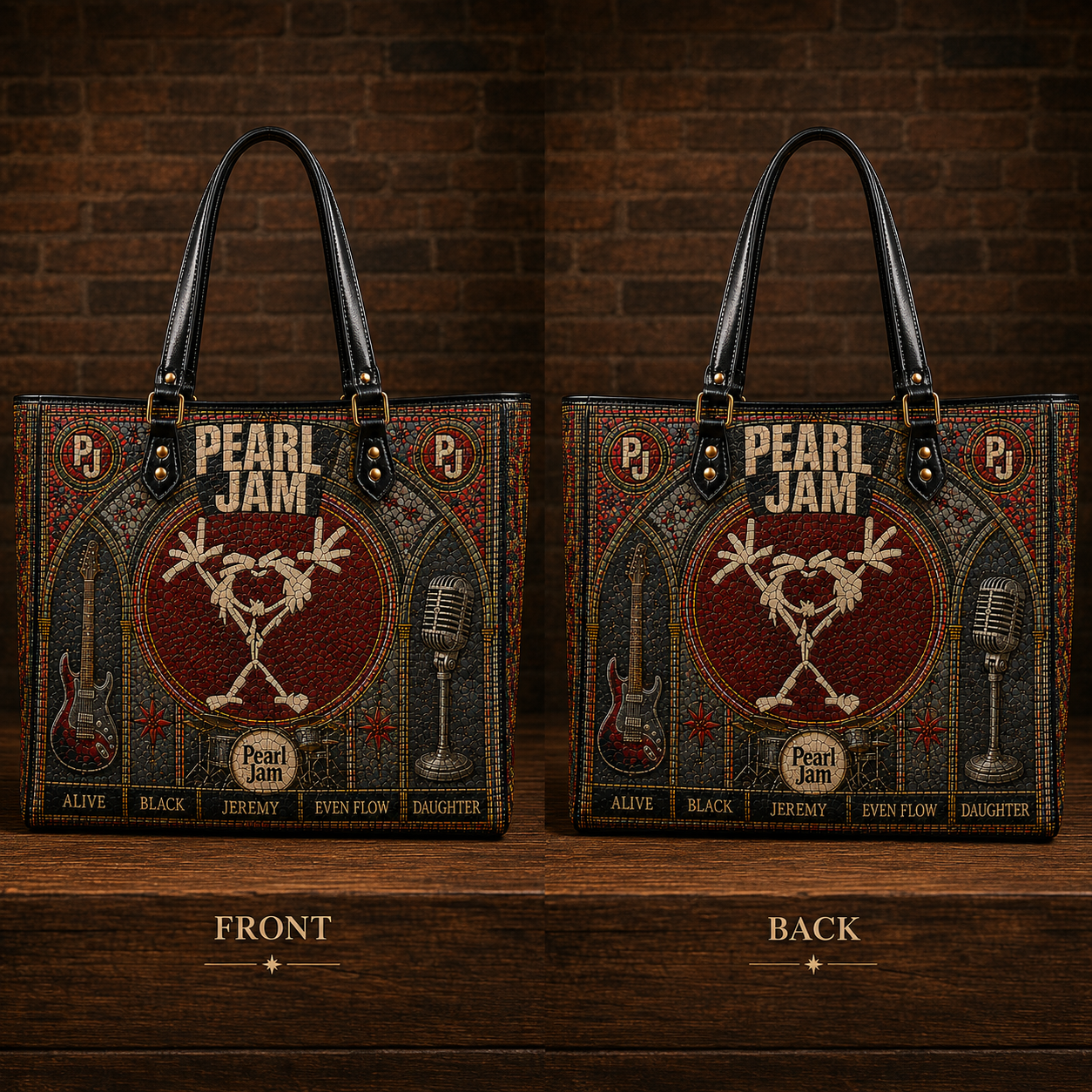 Pearl Jam Leather Handbag, Leather Tote Bag, Leather Wallet Set - Stained Glass Pearl Jam Band Fan Gift, Luxury Rock Music Accessories
