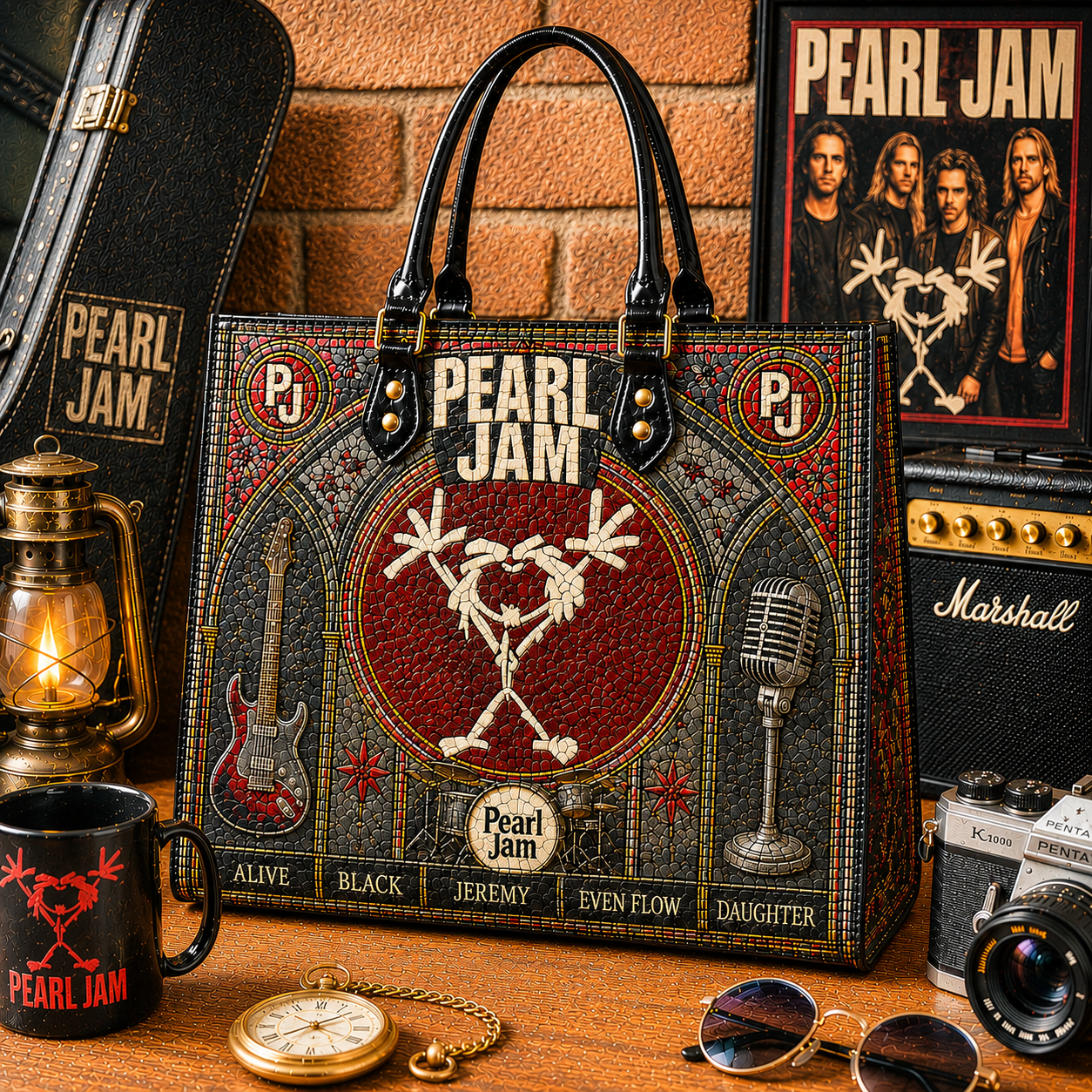 Pearl Jam Leather Handbag, Leather Tote Bag, Leather Wallet Set - Stained Glass Pearl Jam Band Fan Gift, Luxury Rock Music Accessories