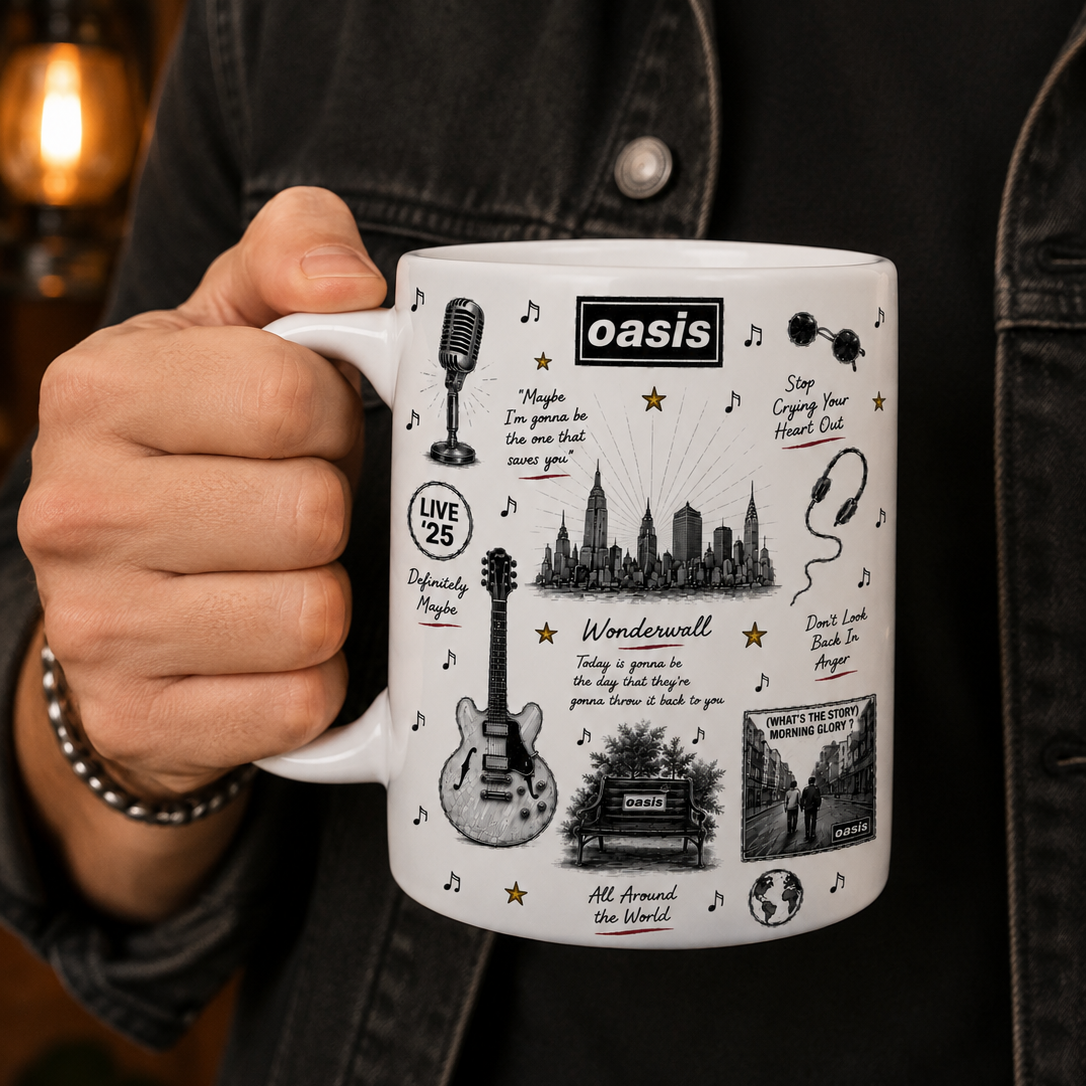 Oasis Sketch Icon Collage Mug, Wonderwall and Morning Glory Coffee Cup, Britpop Rock Music Fan Gift