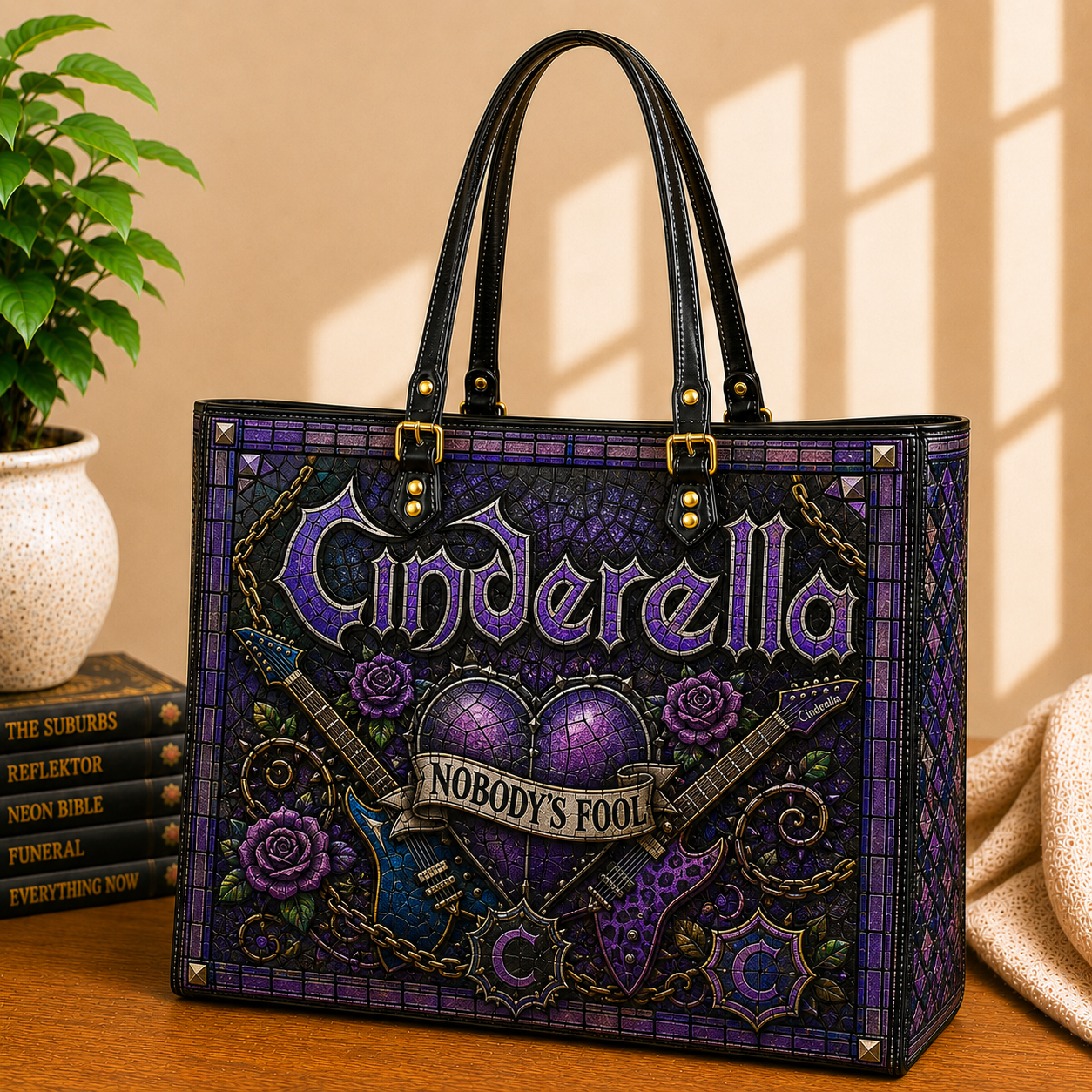 Cinderella Leather Handbag, Leather Tote Bag, Leather Wallet Set - Stained Glass Mosaic Cinderella Band Fan Gift, Luxury Rock Music Accessories