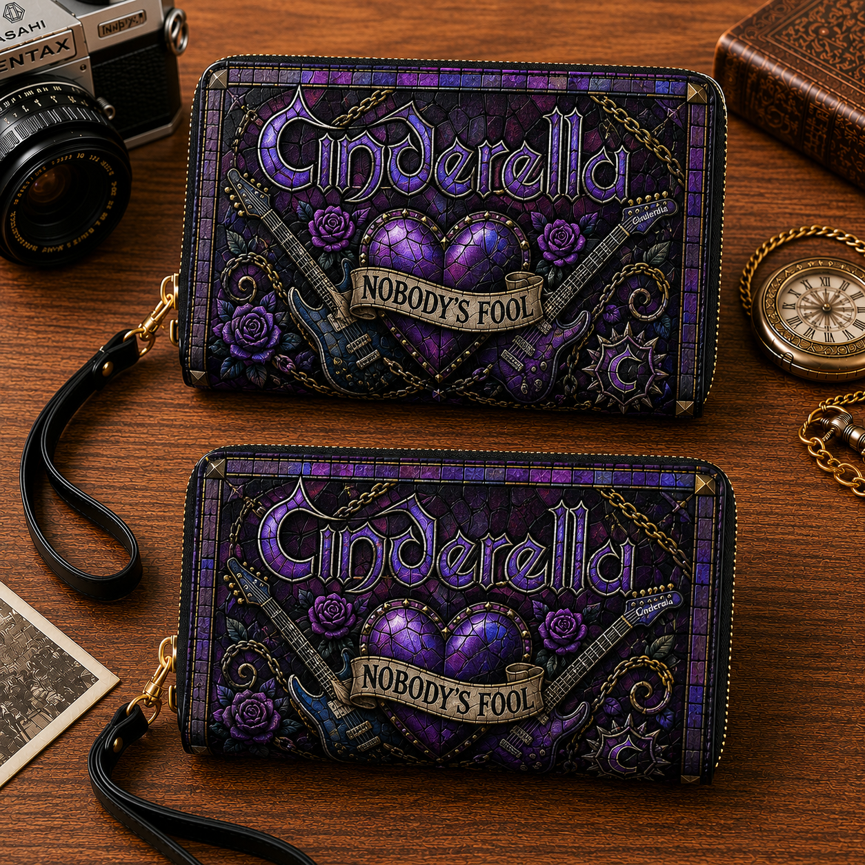 Cinderella Leather Handbag, Leather Tote Bag, Leather Wallet Set - Stained Glass Mosaic Cinderella Band Fan Gift, Luxury Rock Music Accessories