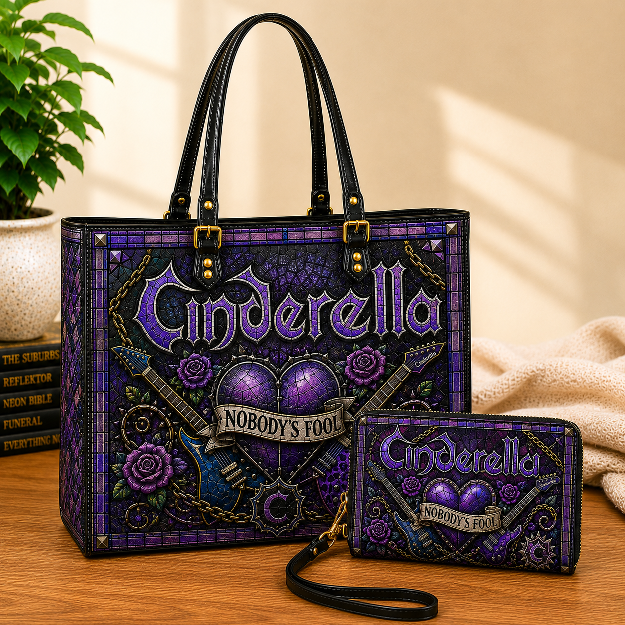 Cinderella Leather Handbag, Leather Tote Bag, Leather Wallet Set - Stained Glass Mosaic Cinderella Band Fan Gift, Luxury Rock Music Accessories