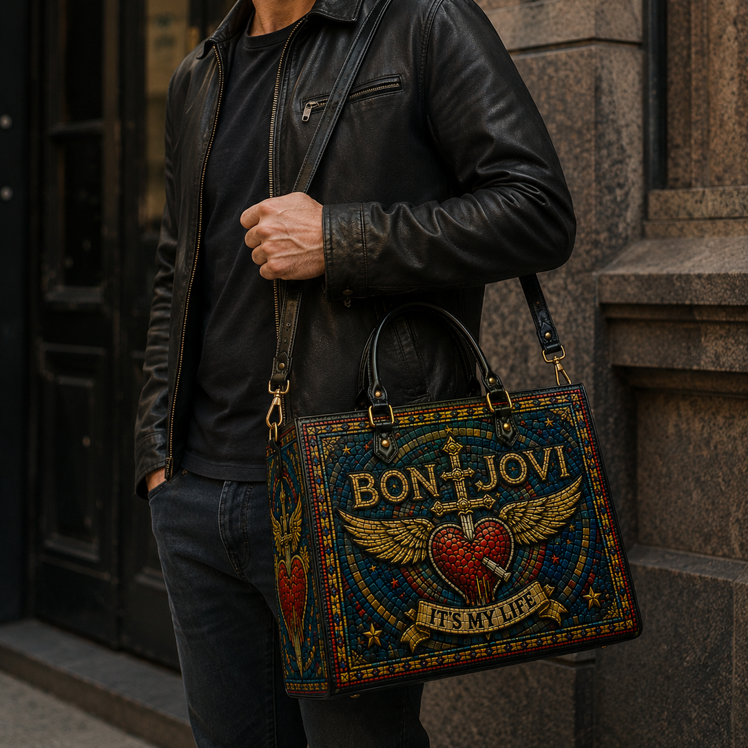 Bon Jovi Leather Handbag, Leather Tote Bag, Leather Wallet Set - Stained Glass Mosaic Bon Jovi  Band Fan Gift, Luxury Rock Music Accessories