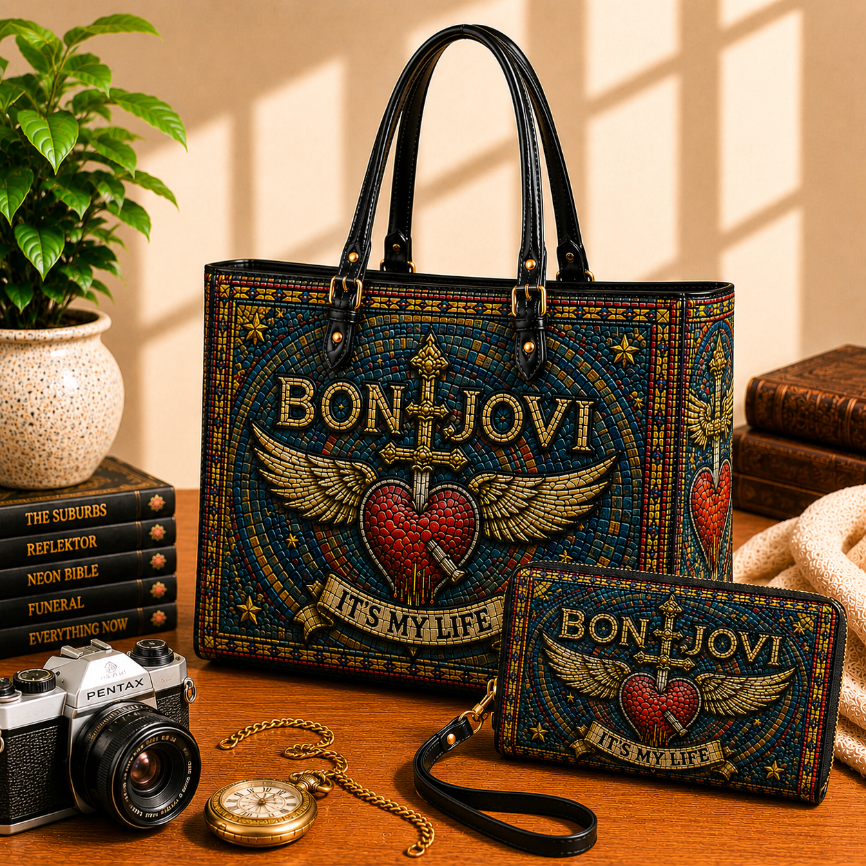 Bon Jovi Leather Handbag, Leather Tote Bag, Leather Wallet Set - Stained Glass Mosaic Bon Jovi  Band Fan Gift, Luxury Rock Music Accessories
