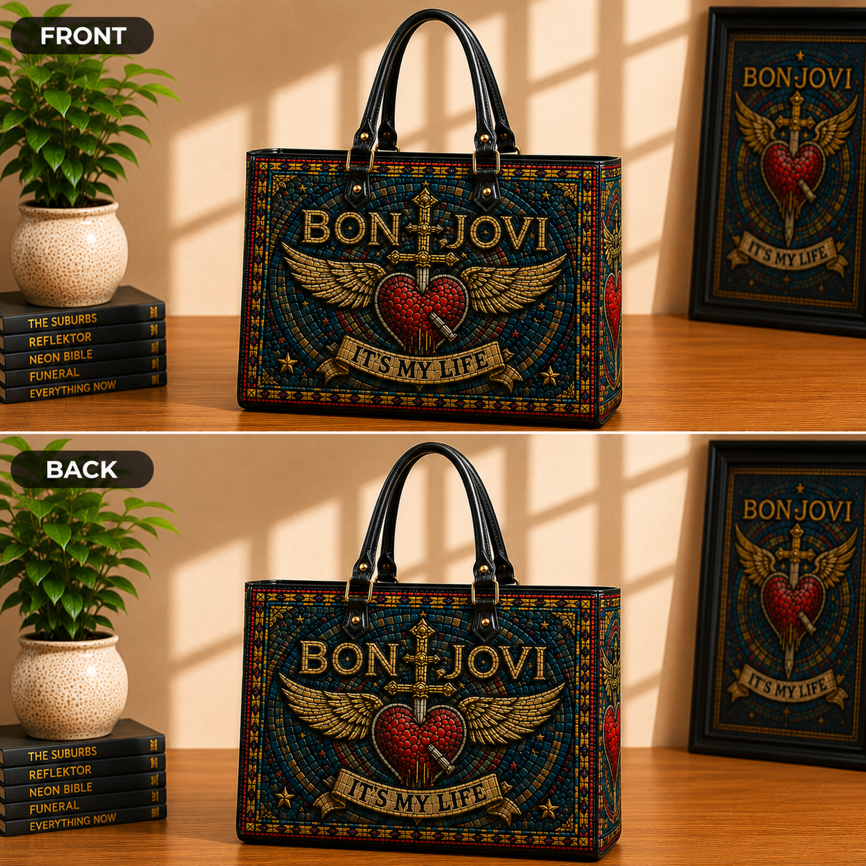 Bon Jovi Leather Handbag, Leather Tote Bag, Leather Wallet Set - Stained Glass Mosaic Bon Jovi  Band Fan Gift, Luxury Rock Music Accessories
