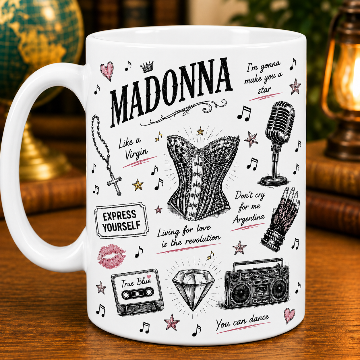 Madonna Sketch Icon Collage Mug, Like a Virgin and True Blue Coffee Cup, Pop Music Fan Gift