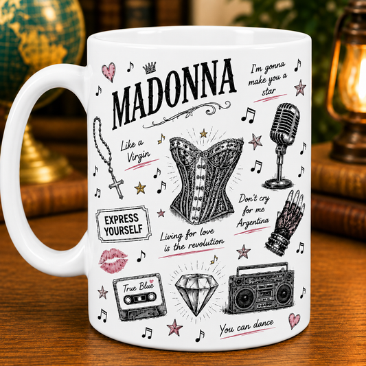 Madonna Sketch Icon Collage Mug, Like a Virgin and True Blue Coffee Cup, Pop Music Fan Gift