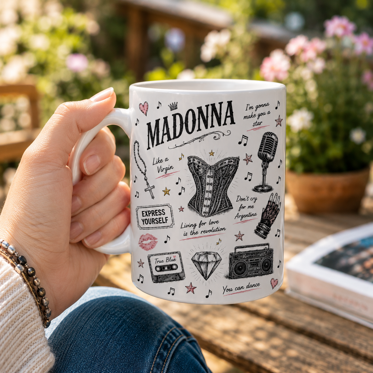Madonna Sketch Icon Collage Mug, Like a Virgin and True Blue Coffee Cup, Pop Music Fan Gift