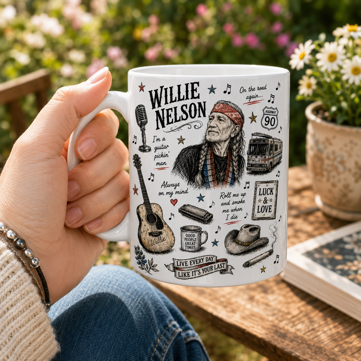 Willie Nelson Icon Collage Mug, On the Road Again Country Music Coffee Cup, Outlaw Country Fan Gift