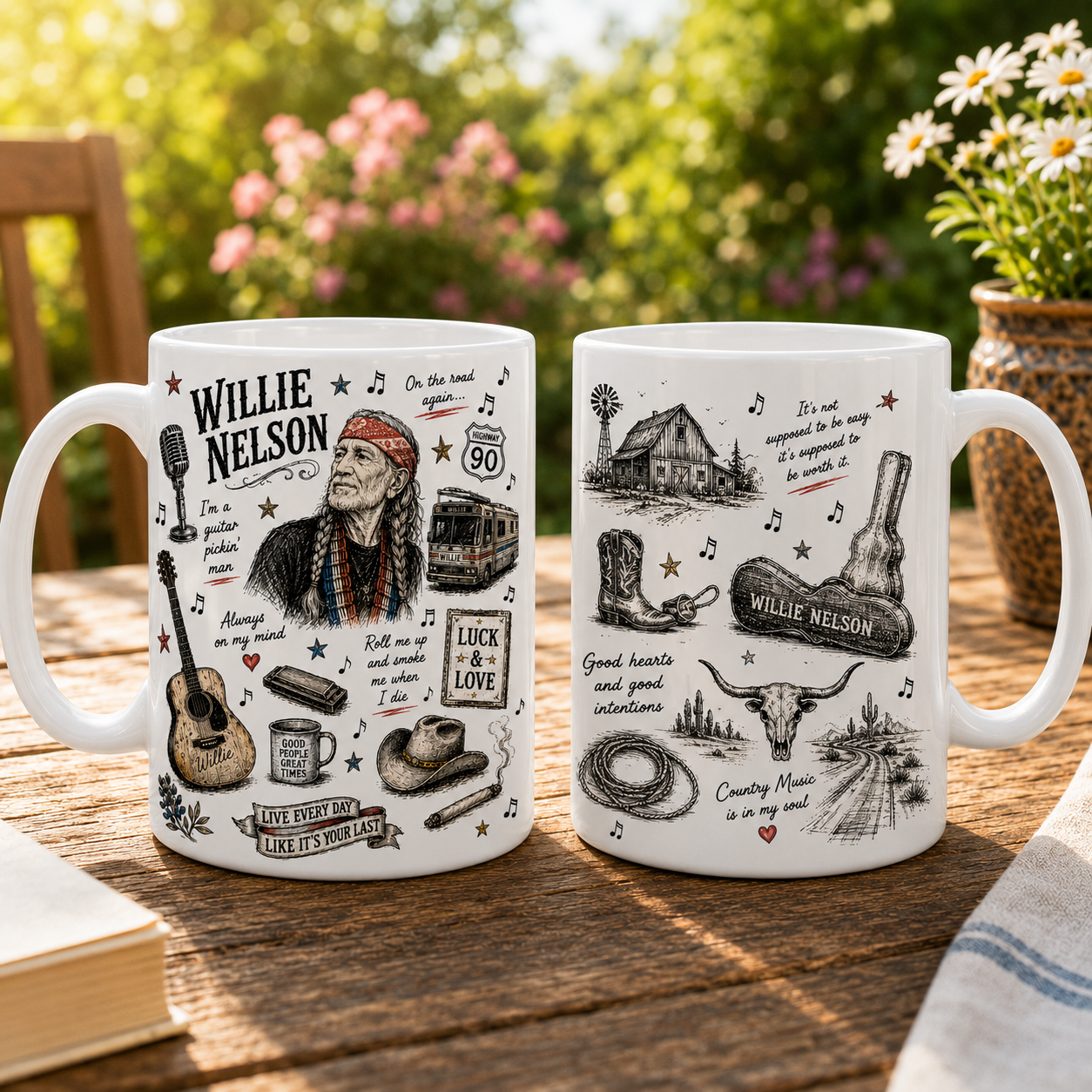 Willie Nelson Icon Collage Mug, On the Road Again Country Music Coffee Cup, Outlaw Country Fan Gift