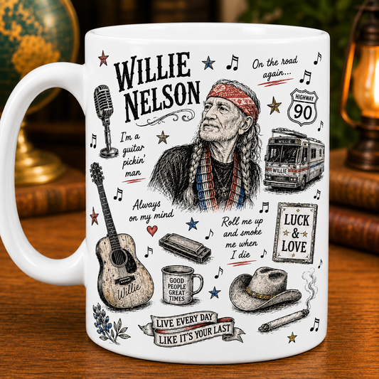 Willie Nelson Icon Collage Mug, On the Road Again Country Music Coffee Cup, Outlaw Country Fan Gift
